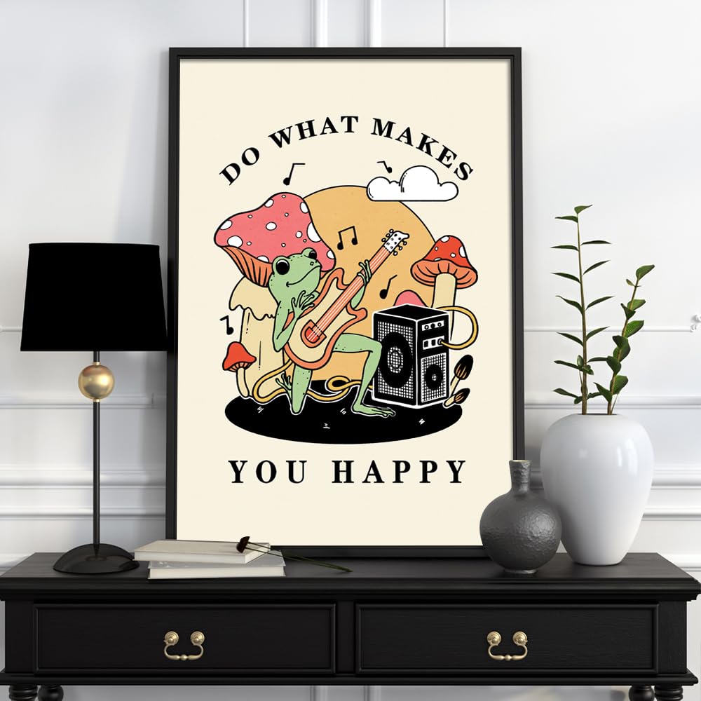 KIJDID Funny Frog Mushroom Do What Makes You Happy Poster Inspirational Quotes Bathroom Canvas Wall Art Uplifting Encouragement Women Print Painting Room Girls Bedroom Decor 12x16in Unframed