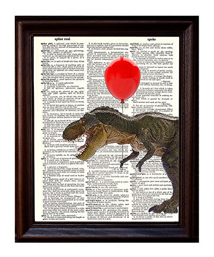 Fresh Prints of CT Dictionary Art Print - T-Rex with Balloon - Printed on Recycled Vintage Dictionary Paper - 8.5"x11" - Mixed Media Poster on Vintage Dictionary Page