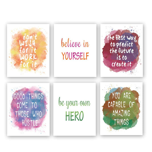 KAIRNE Watercolor Inspirational Quote Art Print,Colorful Motivational Words & Saying Wall Poster Painting,Set Of 6(8"X10",Unframed) Phrases Canvas Wall Art For Classroom Office Home Decor