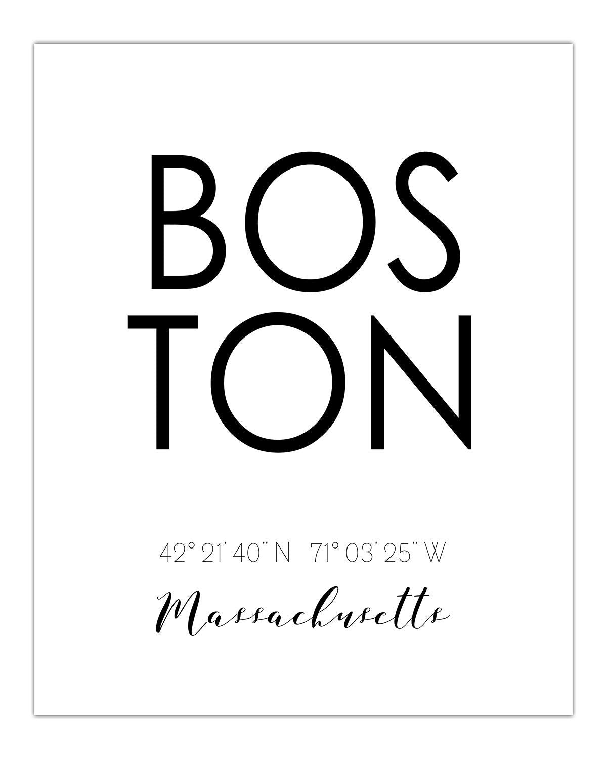 Boston Skyline Wall Décor Prints - Set of 2 (8x10) Art Photos - Typography Minimalist Poster