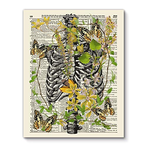 VintBo Rib Cage with Yellow Flowers and Butterflies, Vintage Dictionary Art Print, Modern Contemporary Wall Art for Home Decor, Boho Art Print Poster, Wall Decor 8x10 Inches, Unframed