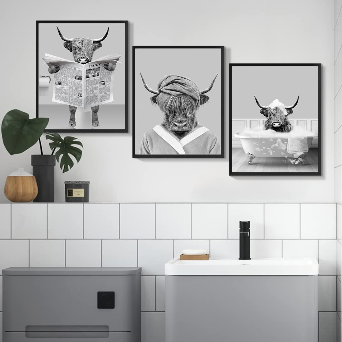 Gardenia Art Funny Bathroom Decor Prints Set of 3 Black and White Highland Cow Decor Reading Newspaper Take Bath Animal Poster Farmhouse Bathroom Restroom Decorations 8x10 UNFRAMED Housewarming Gift