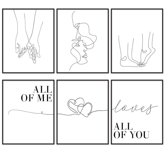 AnyDesign 6Pcs Valentine's Day Couple Line Wall Art Prints 8 x 10in Minimalist Room Decor Kiss Hands Lovers All of Me Loves All of You Poster for Anniversary Couple Gift Home Room Decor (NO FRAME)