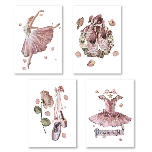 VLFLG Fashion Pink Ballet Canvas Wall Decor Vintage Ballet Art Painting Elegant Dancing Wall Art Pictures Prints Posters Women or Girl Bedroom Dance room Home Decor Gift Set of 4 (8 x 12 in UNFRAMED)