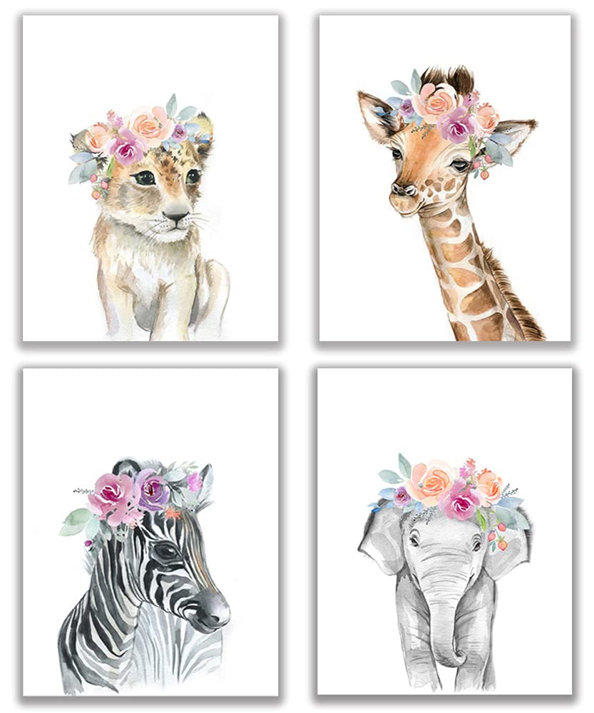 Baby Watercolor Animals Floral Wall Art Prints,8"x12" Tiger Elephant Zebra Giraffe With Wreath On Head Woodland Safari Animals Posters Pictures For Kids Rooms Nursery Decor Art (Set of 4,Unframed)