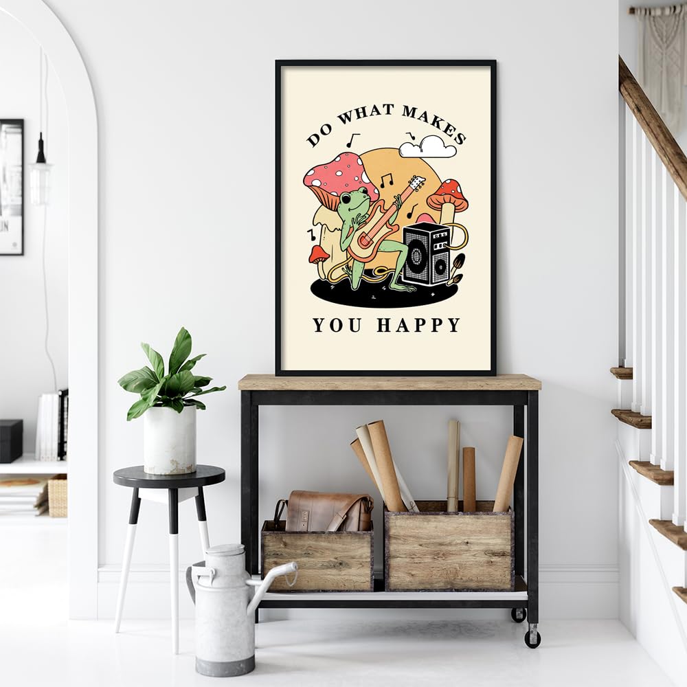 KIJDID Funny Frog Mushroom Do What Makes You Happy Poster Inspirational Quotes Bathroom Canvas Wall Art Uplifting Encouragement Women Print Painting Room Girls Bedroom Decor 12x16in Unframed