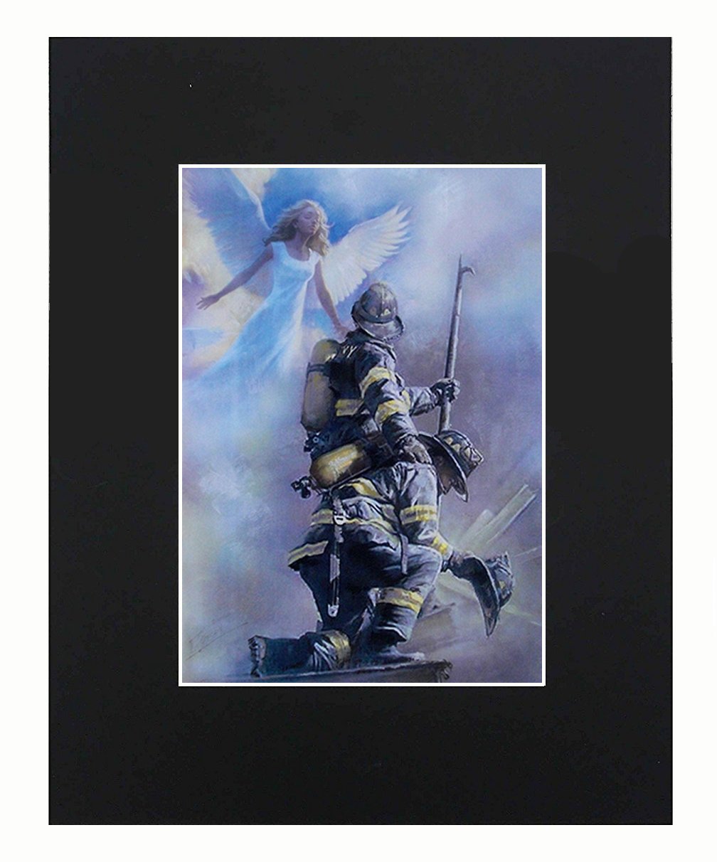 XQArtStudio Angel & Firefighter 8x10 Black Matted Art Artworks Print Paintings Printed Picture Photograph Poster Gift Wall Decor Display