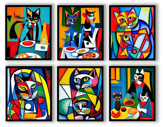 OrtixArt - Cat Wall Art - Surreal Paintings for Wall Decorations Aesthetic Prints Set of 6 - Bedroom Wall Decor - Cat Poster Funny - Unframed (8x10) inch