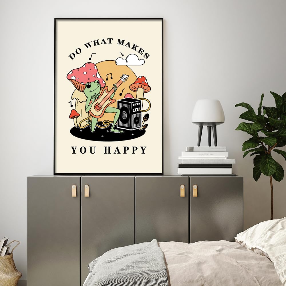 KIJDID Funny Frog Mushroom Do What Makes You Happy Poster Inspirational Quotes Bathroom Canvas Wall Art Uplifting Encouragement Women Print Painting Room Girls Bedroom Decor 12x16in Unframed