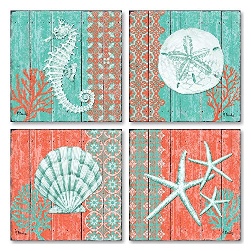 Gango Home Décor 4 Lovely Teal and Coral Ocean Seashell Sand Dollar Seahorse Star Fish Collage Poster Prints; Nautical Decor; Four 8x8in Poster Prints