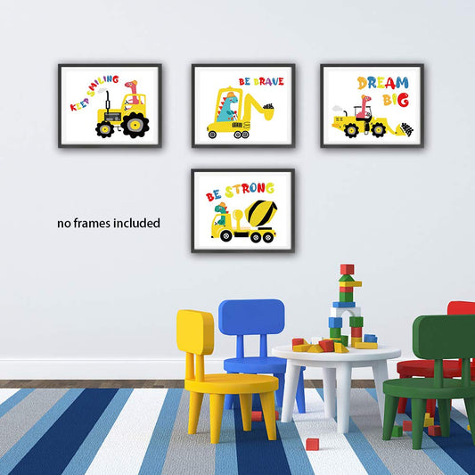 Funny Colorful Cute Dinosaur Truck Inspirational Quotes Art Print Humorous Quotes Painting, Dinosaur Wall Art Canvas Poster for Boy Room Nursery Classroom Playroom Decor, Set of 4 (8”X10”), No Frame