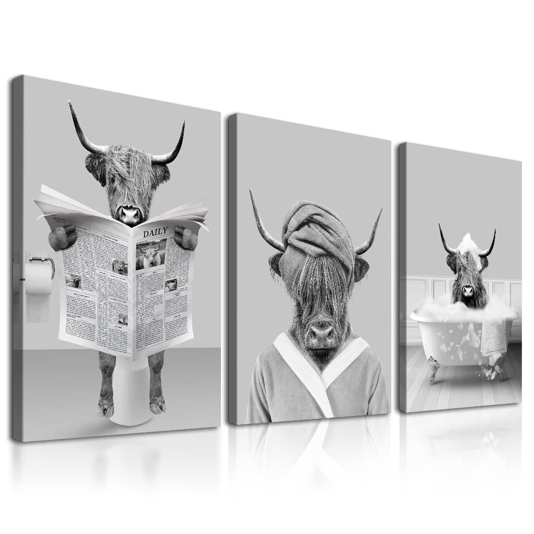 Gardenia Art Funny Bathroom Decor Prints Set of 3 Black and White Highland Cow Decor Reading Newspaper Take Bath Animal Poster Farmhouse Bathroom Restroom Decorations 8x10 UNFRAMED Housewarming Gift