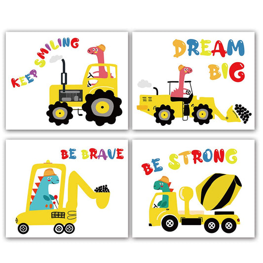 Funny Colorful Cute Dinosaur Truck Inspirational Quotes Art Print Humorous Quotes Painting, Dinosaur Wall Art Canvas Poster for Boy Room Nursery Classroom Playroom Decor, Set of 4 (8”X10”), No Frame