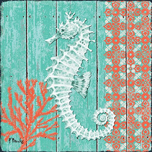 Gango Home Décor 4 Lovely Teal and Coral Ocean Seashell Sand Dollar Seahorse Star Fish Collage Poster Prints; Nautical Decor; Four 8x8in Poster Prints