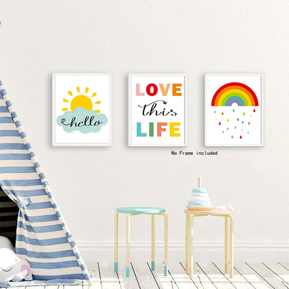 KAIRNE Colorful Rainbow And Sunshine Quotes Art Print,Set Of 4(8 "x10) Inspirational Canvas Poster Painting,Weather Nursery Wall Art For Classroom Or Kid Room Home Decor,No Frame