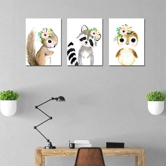 Woodland Watercolor Animals Nursery Wall Art Prints,6 Pieces Cute Safari Baby Floral Crown Animals Posters Pictures Wall Decor for Kids Girls Room Playroom Toddler Room(Unframed, 8 x 10 Inch)