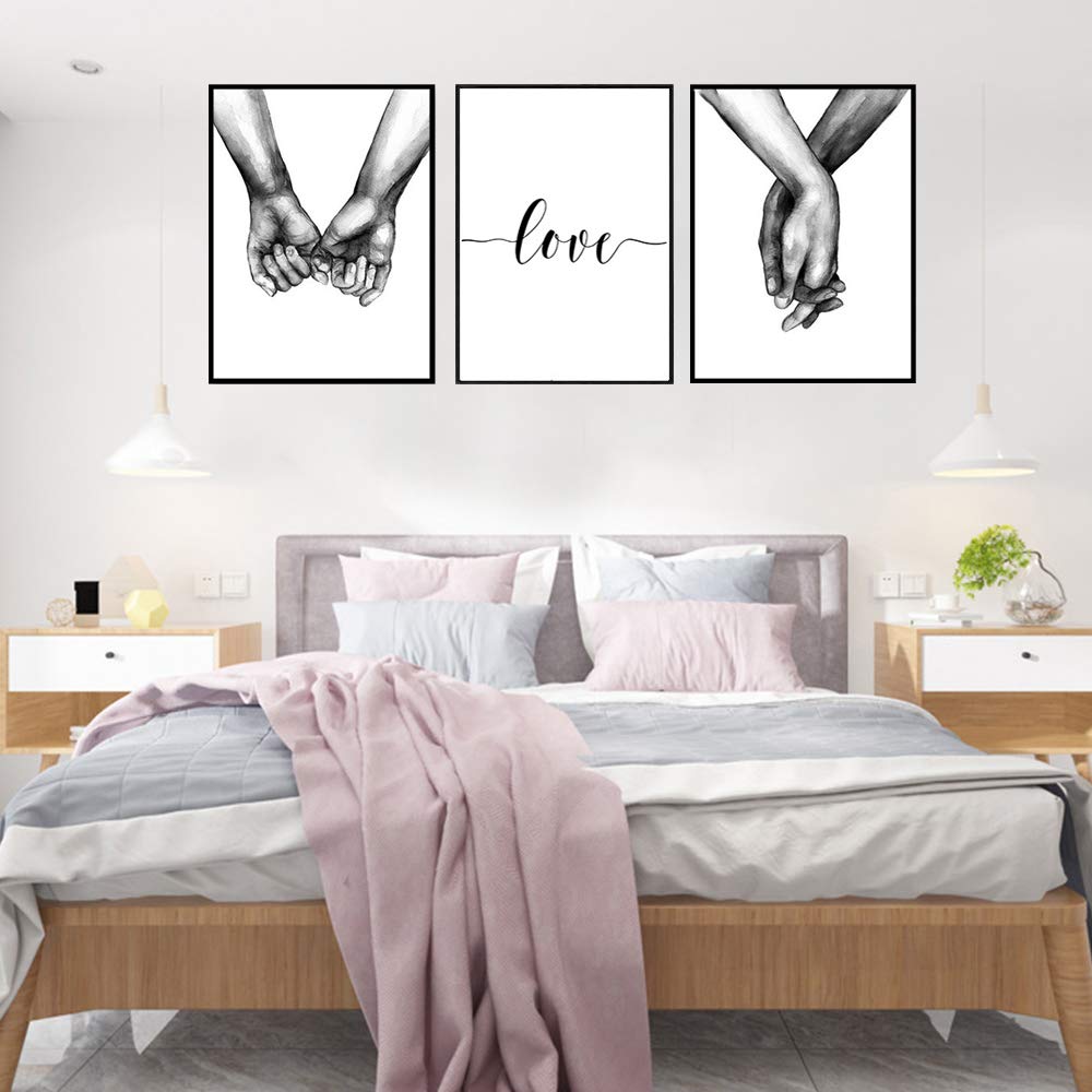 Love and Hand in Hand Poster Wall Decorative Art Canvas Print Poster for Home Living Room Bedroom Office Simple Fashion Black and White Sketch Art Line Drawing Decor Unframed 12" x 16" Set Of 3