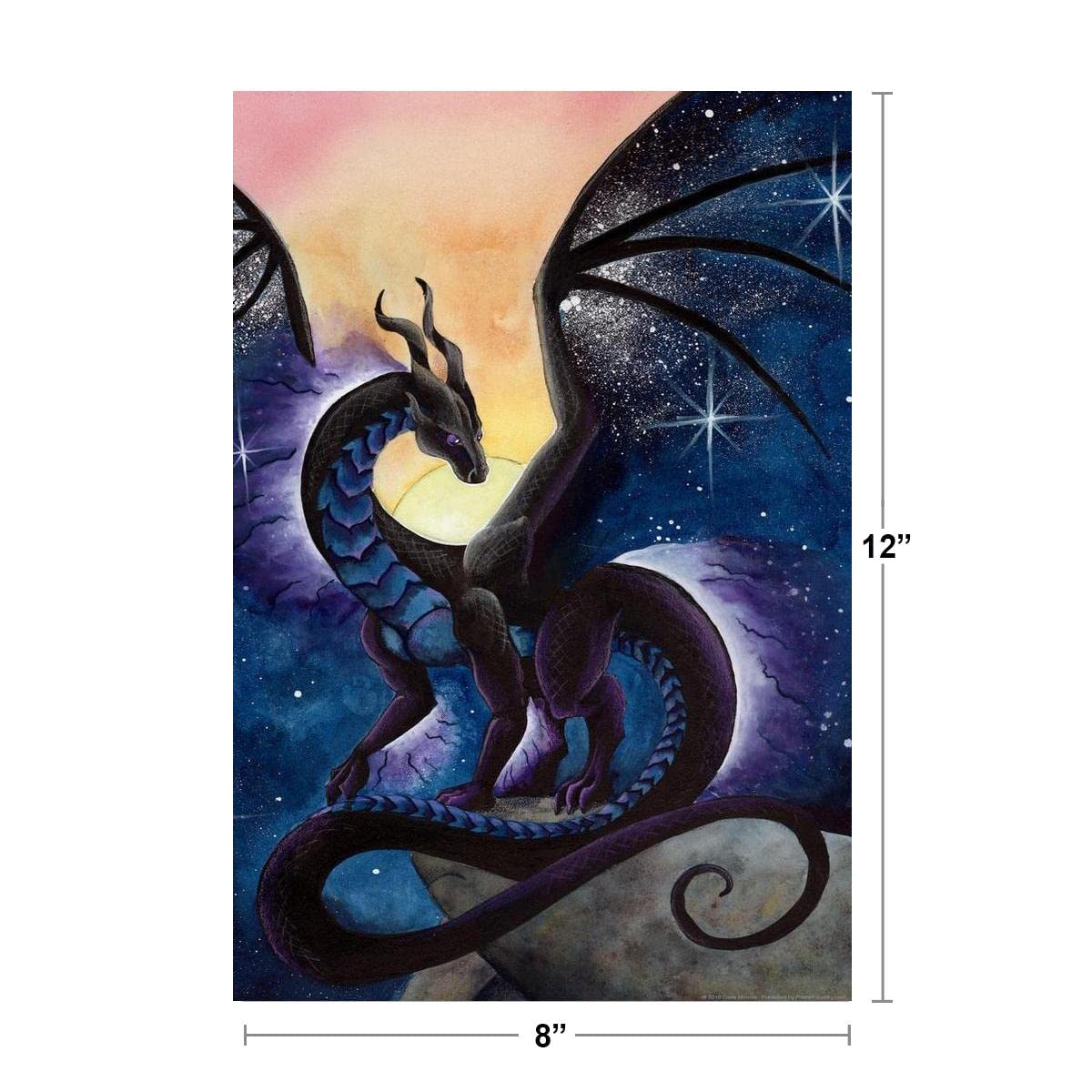 Nightfall by Carla Morrow Midnight Black Mystical Dragon Fantasy Poster Cosmos Starry Sky Stars Thick Paper Sign Print Picture 8x12