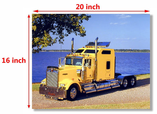Yellow Kenworth Semi Big Rig Diesel Transportation Truck Wall Decor Art Print Poster (16x20)