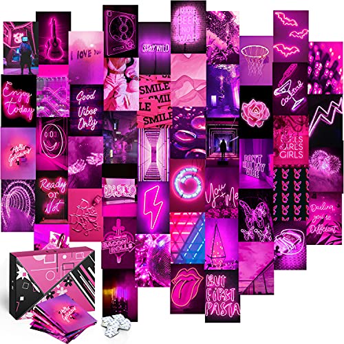 KOLL DECOR wall collage kit - 50 Set 4''x6'' Prints Aesthetic images neon posters hot pink Room Collage Decoration for Teen Girls