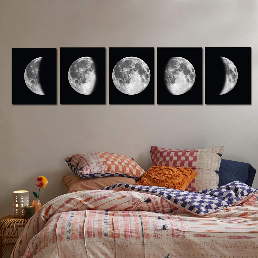 5 Pieces Moon Wall Decor - Black and White Canvas Print Artworks Lunar Moon Wall Art Abstract Prints Poster for Office Dorm Living Room Bedroom Decoration Unframed Paintings Home Decor