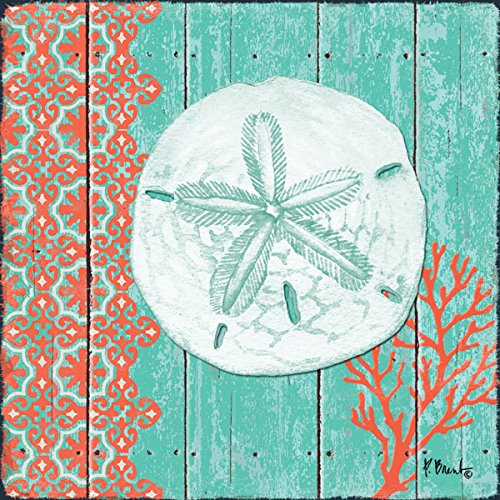 Gango Home Décor 4 Lovely Teal and Coral Ocean Seashell Sand Dollar Seahorse Star Fish Collage Poster Prints; Nautical Decor; Four 8x8in Poster Prints