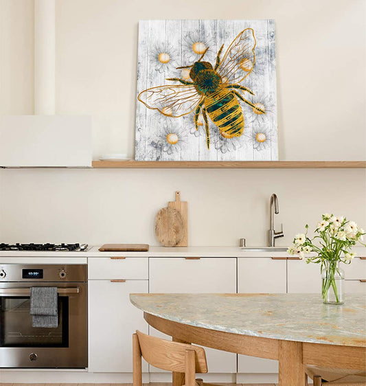 Spring Honey Bee Canvas Print Wall Art, Farm White Daisy Oil Painting Artwork Photo Poster, Blossoms Floral Animals Artworks for Living Room/Kitchen/Bedroom/Bathroom Wooden Framed Ready to Hang 8x8in