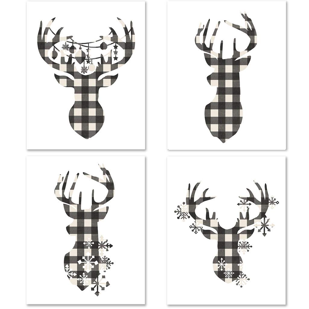 Miss Kate Cuttables 8x10 Prints - Cream & Black Buffalo Check Reindeer Head Silhouettes - Christmas Decoration Art for Frames | Set of 4 Wall Prints Posters (Unframed)