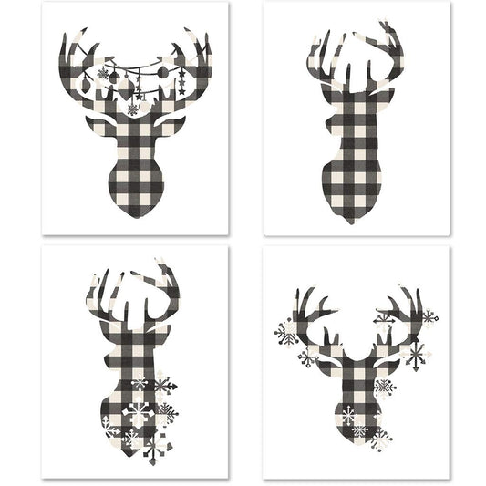 Miss Kate Cuttables 8x10 Prints - Cream & Black Buffalo Check Reindeer Head Silhouettes - Christmas Decoration Art for Frames | Set of 4 Wall Prints Posters (Unframed)
