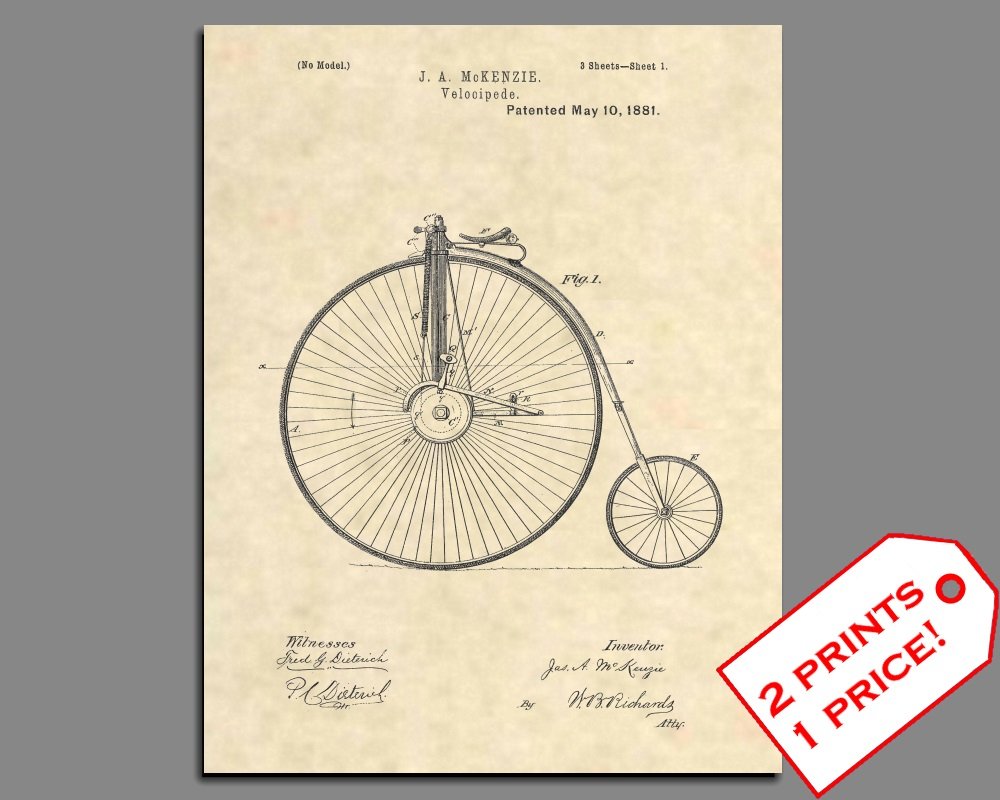 Patent Prints - Big Wheel Bicycle - Penny Farthing High Wheel Bike Art - Patent Art Poster (8.5 x 11) - 50