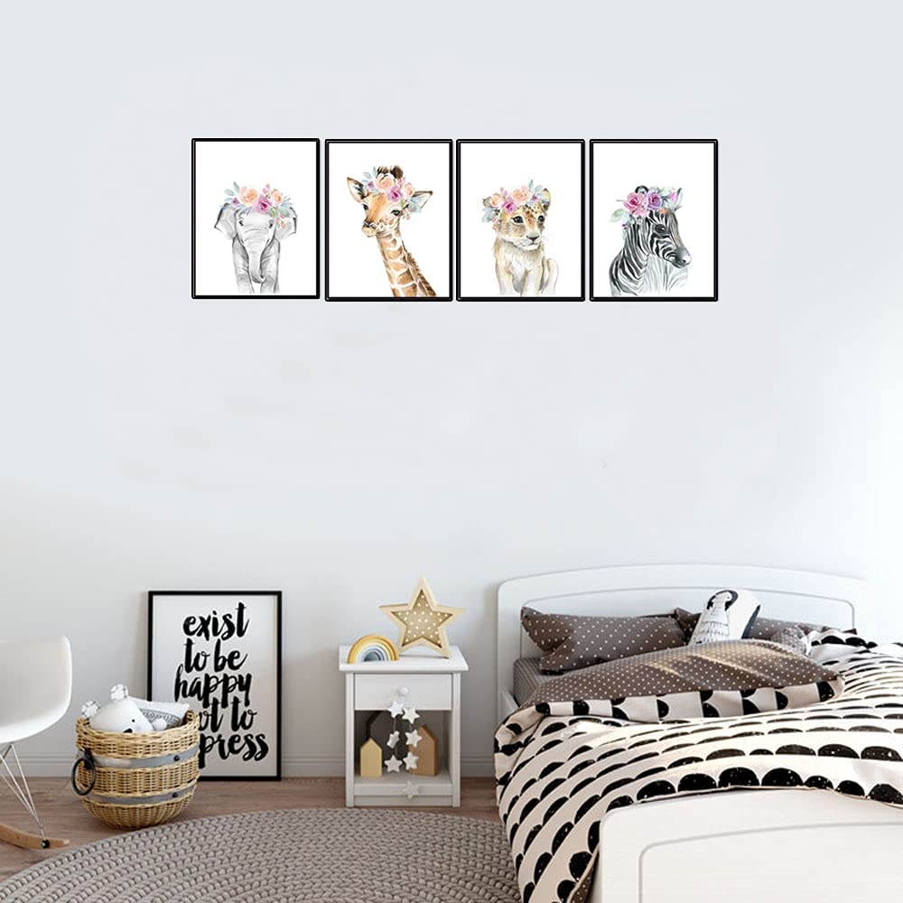 Baby Watercolor Animals Floral Wall Art Prints,8"x12" Tiger Elephant Zebra Giraffe With Wreath On Head Woodland Safari Animals Posters Pictures For Kids Rooms Nursery Decor Art (Set of 4,Unframed)