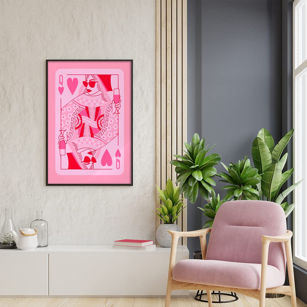HEMOLAL pink Queen of Hearts poker aesthetic posters funny preppy playing card canvas wall art game room prints painting retro trendy modern wall decor for teen girl bedroom dorm 12x16in unframed