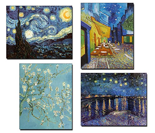 Vincent Van Gogh Art Paintings Reprints - Popular Starry Night, Almond Blossom Painting, Cafe Print - Set of 4 8 x 10 Posters - Wall Decor Painting for Office, Bedroom, Kitchen, Living Room