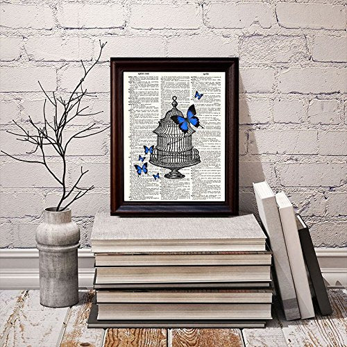 Dictionary Art Print - Be Free Butterflies in a Bird Cage- Printed on Recycled Vintage Dictionary Paper - 8.5"x11" - Mixed Media Poster on Vintage Dictionary Page