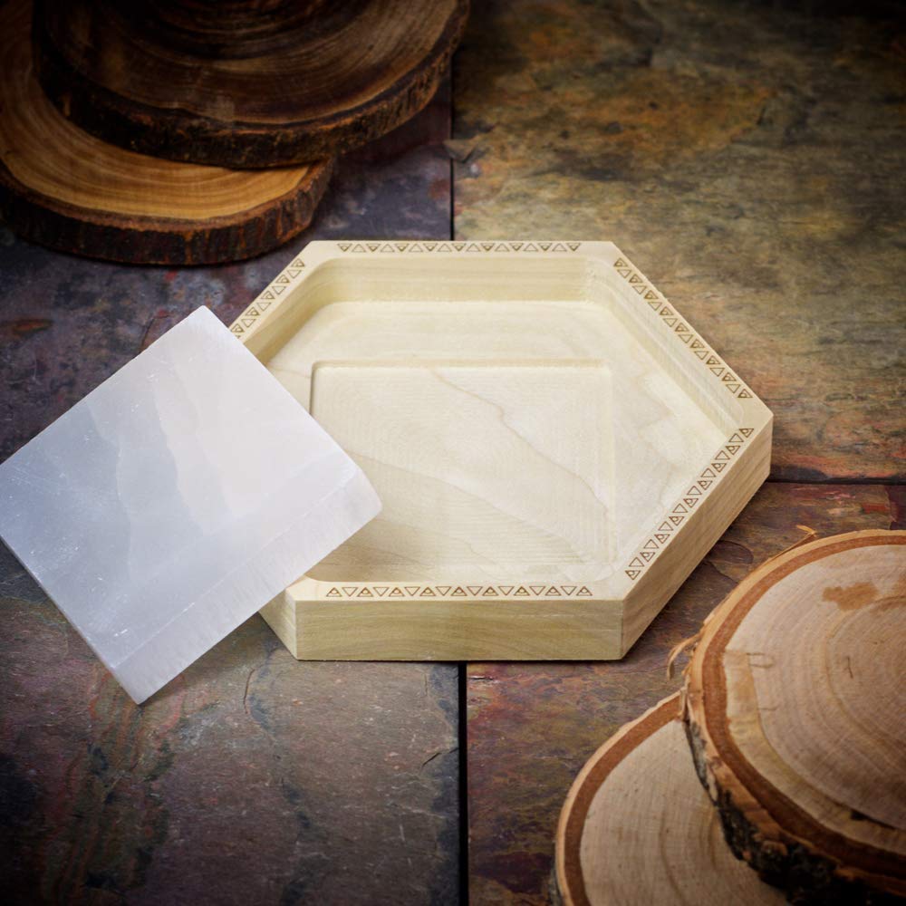 Handmade Selenite Square Crystal Charging Tray made from Natural Poplar Wood