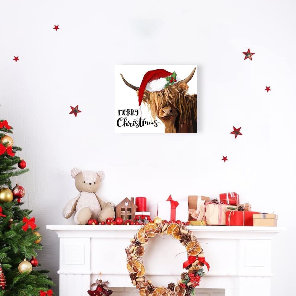 YPY Highland Cow Canvas Wall Art: Merry Christmas Cow Decorations for Home - Red Hat Cow Picture Farmhouse Decor Cute Farm Animal Print Framed Poster for Bedroom Living Room 10" x 12"