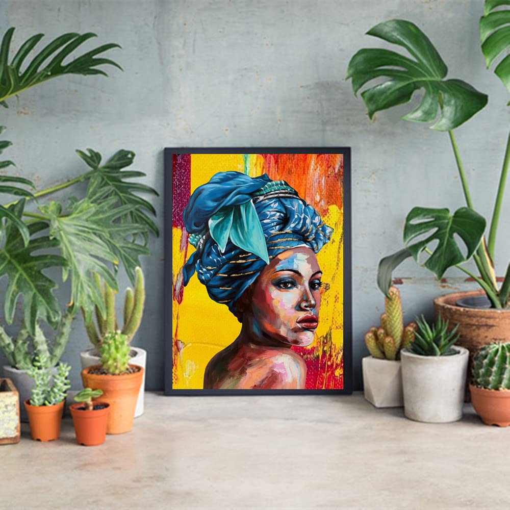 Black Woman Wall Art for Living Room African Canvas Painting Blue Turban Modern Girl Posters and Prints Wall Art Paintings for Wall Art Abstract Black Woman Portrait Wall Art African Girl Canvas