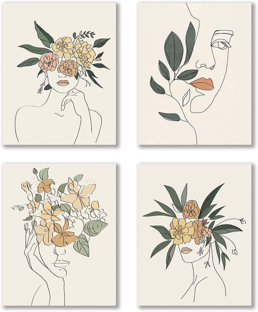 Modern Minimalist Fashion Pop Women Flower Wall Art Painting Set of 4 (8”X10” Canvas Picture) Bedroom Home Decor Prints Poster Frameless