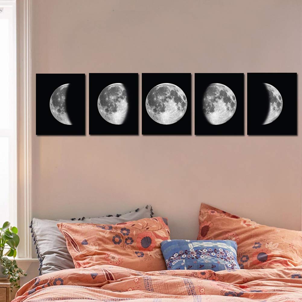 5 Pieces Moon Wall Decor - Black and White Canvas Print Artworks Lunar Moon Wall Art Abstract Prints Poster for Office Dorm Living Room Bedroom Decoration Unframed Paintings Home Decor