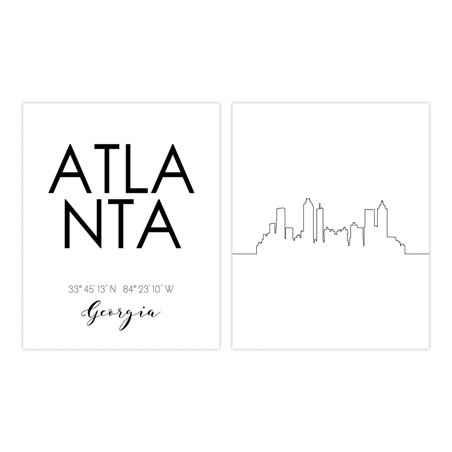 Atlanta Skyline Wall Décor Prints - Set of 2 (8x10) Art Photos - Typography Minimalist Poster