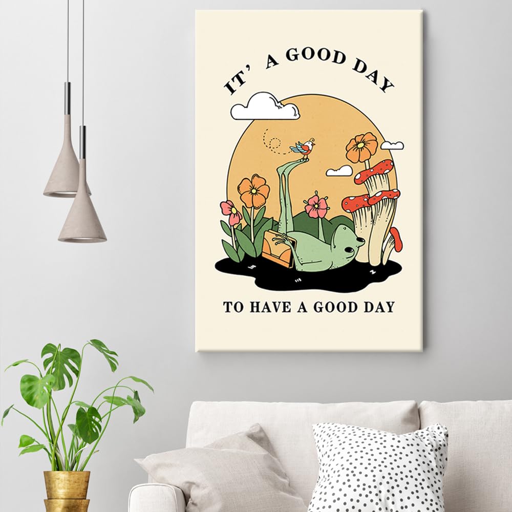 JCCSFF It a good day Posters Decor，Vintage Funny Frog Canvas Wall Art，Creativity Mushroom Animal plant for prints painting, To have a good day wall decor for12x16in Unframed