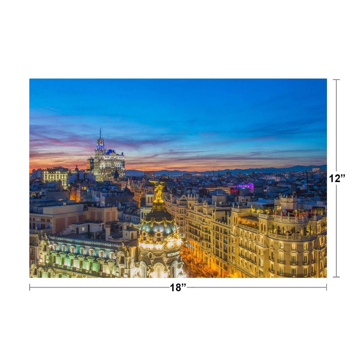 Gran Va at Dusk Madrid Spain Skyline Illuminated Photo Photograph Cool Wall Decor Art Print Poster 18x12