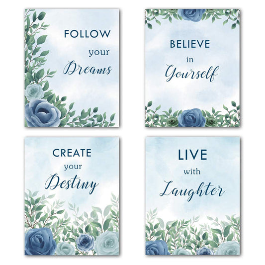 Blue Rose Inspirational Quotes Canvas Wall Art Print,Inspiring Gift for Girl’s,Motivational Sayings Floral Paintings for Girl's Room, Positive Phrases Words Poster for Office,Set of 4 8x10 UNRAMED