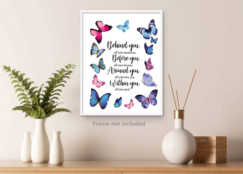Butterfly Inspirational Quotes Wall Art Prints, Behind You All Your Memories Poster, Gtizry Graduation Gifts for Daughter, Birthday Inspirational Gifts for Women Girls Friends. Set 1 8x10in,No Fram