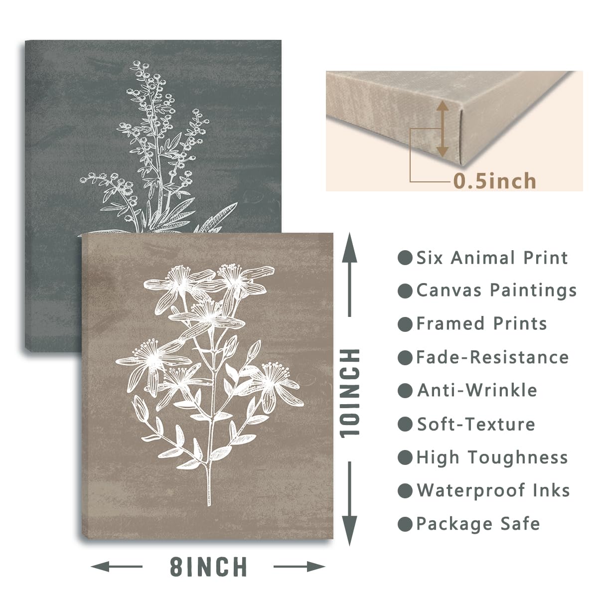 BINCUE Neutral Botanical Canvas Wall Art Boho Flower Plant Framed Wall Decor for Living Room Bedroom Dining Room 6 Panel 8x10 Inches