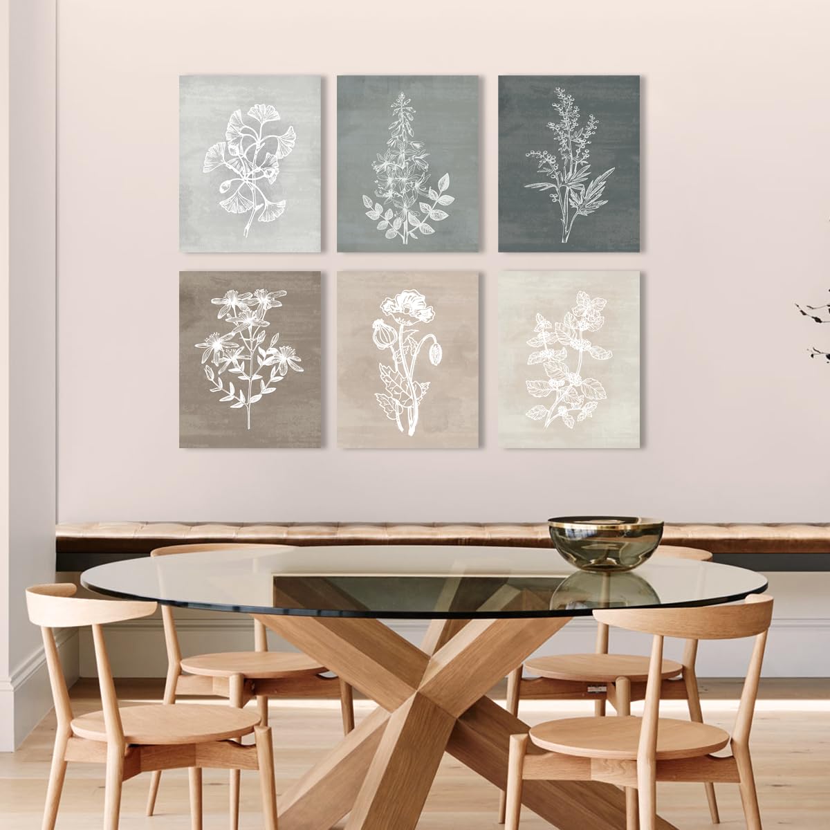 BINCUE Neutral Botanical Canvas Wall Art Boho Flower Plant Framed Wall Decor for Living Room Bedroom Dining Room 6 Panel 8x10 Inches