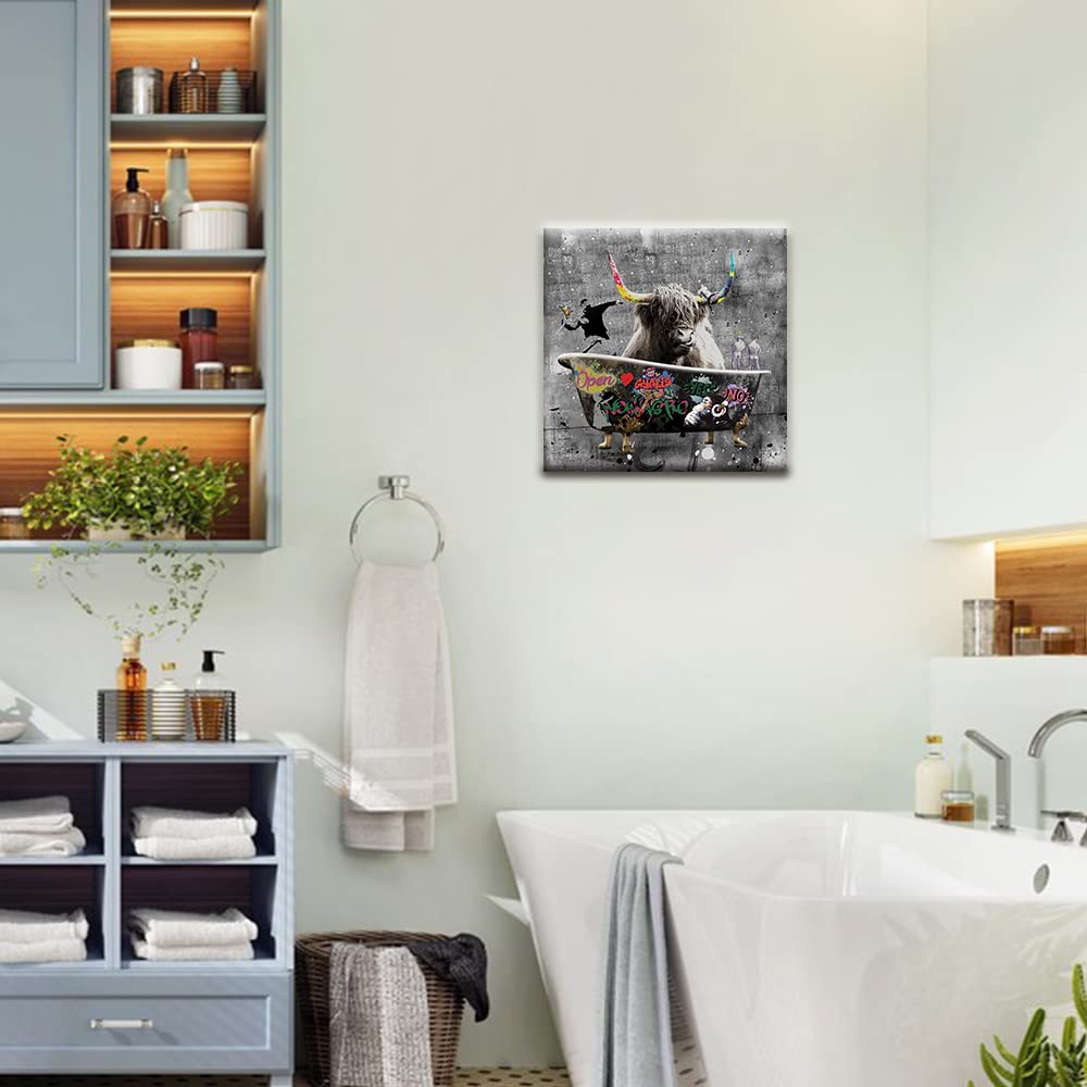 Funny Highland Cow Wall Art in Bathtub, Banksy Graffiti Canvas Wall Art, Black and White Cow In Bathroom Picture Farmhouse Style Wall Decor Posters Unframed 12x12 inch