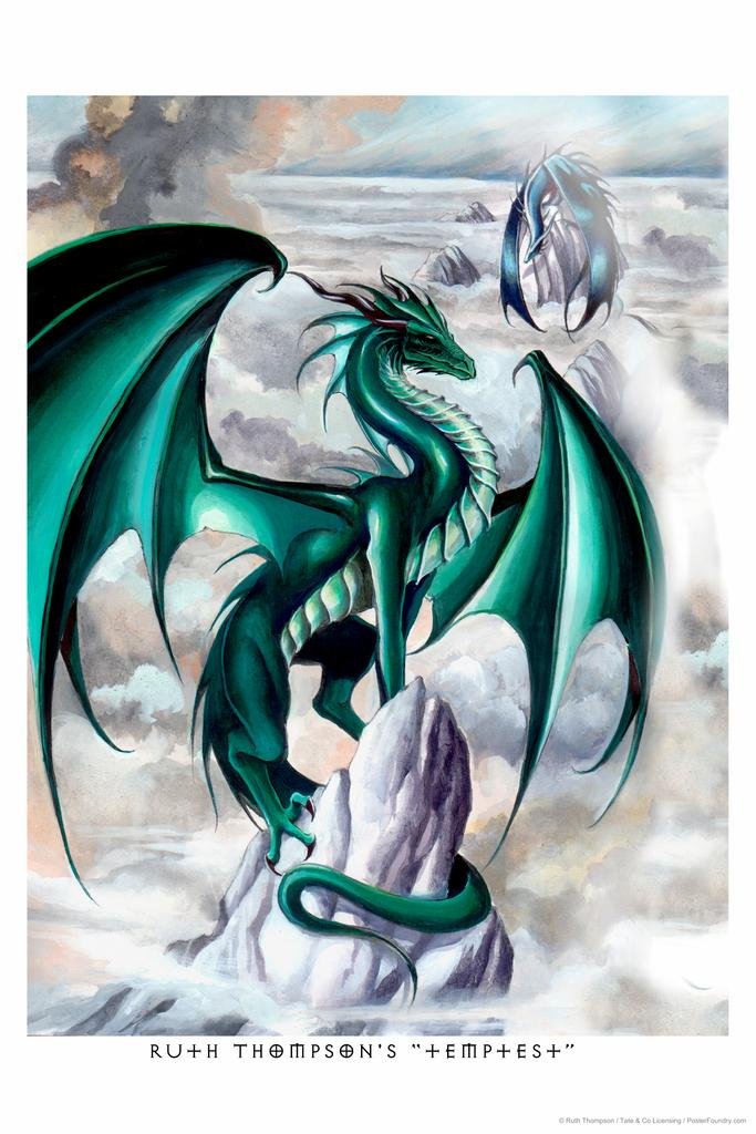 Temptest Green Dragon by Ruth Thompson Fantasy Poster Drawing Tempest Magical Creature Thick Paper Sign Print Picture 8x12