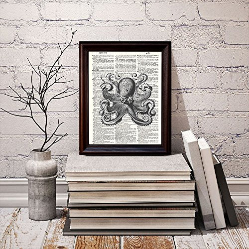 Fresh Prints of CT Dictionary Art Print - Octopus - Printed on Recycled Vintage Dictionary Paper - 8"x11" - Mixed Media Poster on Vintage Dictionary Page