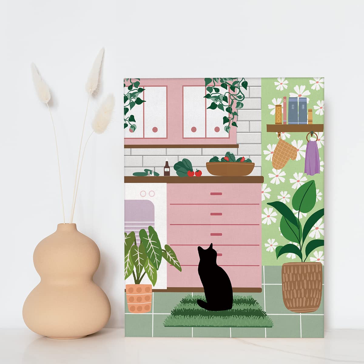 NISTOMISU Black Cat in the Pink Kitchen Canvas Prints Wall Decor Boho Botanical Black Cat Canvas Art Sign Canvas Poster Gifts for Home Kitchen Decor 11.5"x15"